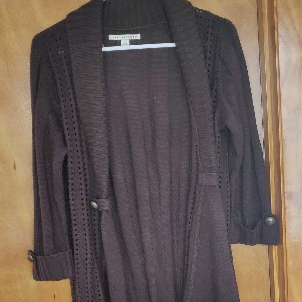 Carolyn Taylor Chocolate Brown Long-Sleeved Cardigan with Bronze Buttons